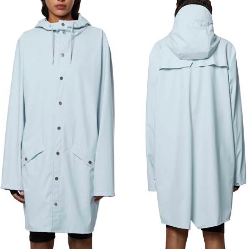 Rains Sky Blue Long Rain Jacket Sz L Waterproof Raincoat